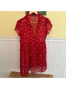 Abercrombie & Fitch Red Floral Sheer Short-Sleeve Dress S